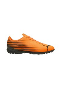 Scarpa da calcio sintetica arancione con accenti neri, caratterizzata da un design aerodinamico, superiore testurizzato e suola in gomma per una presa ottimale.