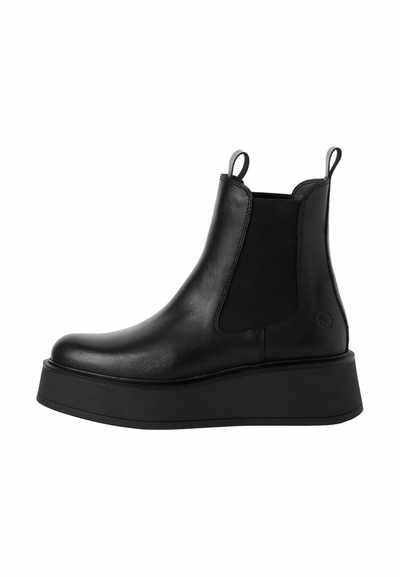 Black leather Chelsea boots with elastic side panels, pull tabs, and a thick platform sole. Smooth texture and rounded toe design.
