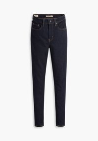 Mørkeblå slim-fit jeans med knap- og lynlåslukning, bæltestropper samt for- og baglommer, lagt fladt på en hvid baggrund.