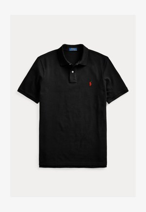 Polo Ralph Lauren noir à manches courtes avec col et logo rouge brodé sur la poitrine gauche.