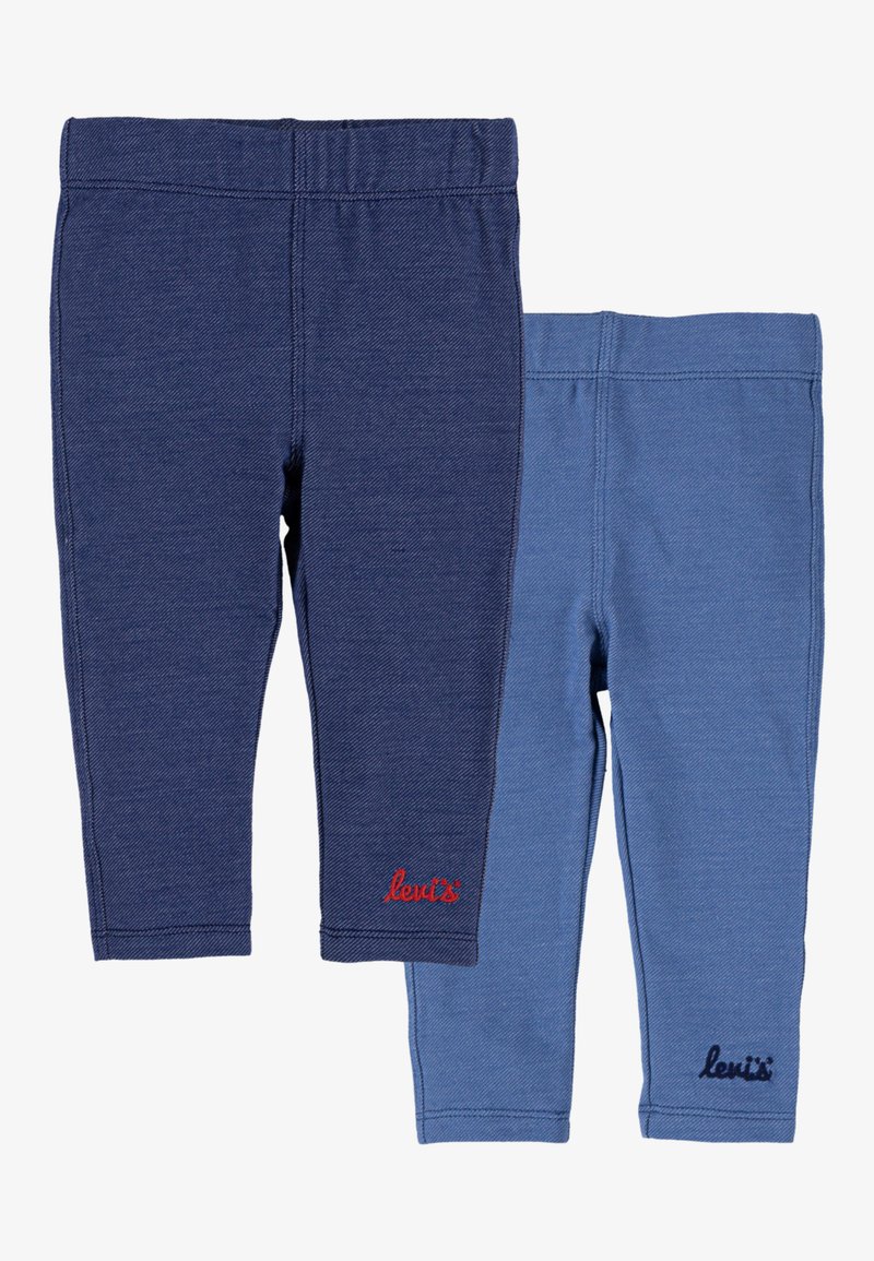 Két pár elasztikus leggings sötétkék és világoskék színben, elasztikus derékgumival és kontrasztos színű hímzett márkalógóval.