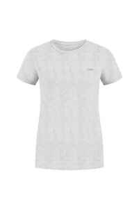 Camiseta gris de manga corta hecha de una tela suave y texturizada. Tiene un cuello redondo y un pequeño logotipo en el pecho. Diseño ligero y casual.