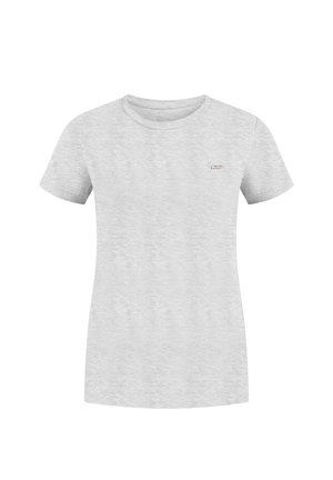 T-shirt gris à manches courtes fabriqué en tissu doux et texturé. Il présente un col rond et un petit logo sur la poitrine. Design léger et décontracté.