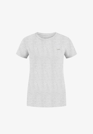 T-shirt gris à manches courtes fabriqué en tissu doux et texturé. Il présente un col rond et un petit logo sur la poitrine. Design léger et décontracté.