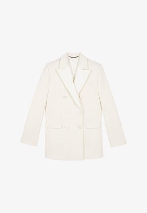 Dubbelzijdige witte blazer van stof met een gladde textuur. Voorzien van een piek detail, twee voortassen en knoopmanchetten.