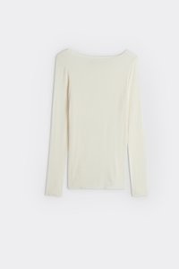 Long-sleeve, off-white, fitted shirt with boat neckline, displayed flat on a white background.