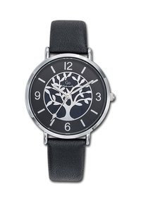 Montre ronde en argent avec un cadran noir présentant un design d'arbre. Bracelet en cuir noir, index horaires argentés et aiguilles simples pour indiquer l'heure.