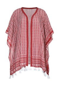 Sarkans un balts rakstainais kimono ar brīvu piegriezumu, atvērtu priekšpusi un dekoratīvām pušķi apakšmalā. Izgatavots no vieglas auduma.