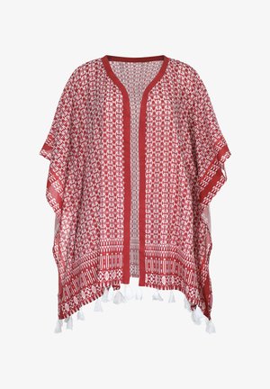 Roter und weiß gemusterter Kimono mit lockerer Passform, offenem Vorderteil und dekorativen Quasten am Saum. Hergestellt aus leichtem Stoff.