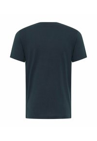 Dark blue cotton t-shirt with short sleeves and a rounded neckline, featuring a smooth texture and a plain design without patterns.