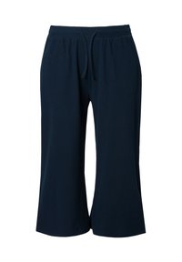 Marine-blauwe wijde broek van zacht materiaal, met een elastische tailleband met een trekkoord en twee zijzakken. Gelaagd materiaal.