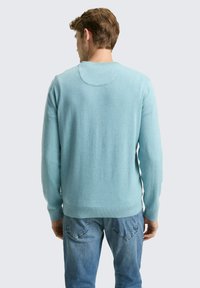 Maglione azzurro in materiale morbido con scollo rotondo e polsini a coste, abbinato a jeans blu. La parte posteriore presenta un design senza cuciture.