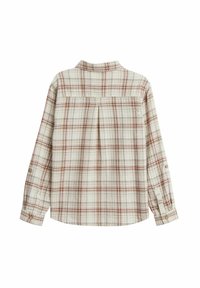 Ruudullinen paita beige- ja ruostevärissä, pitkät hihat napillisin hihansuin, takaosan laskostus, ja taitettu kaulus. Pehmeä kangas, jossa on texturoitu pinta.