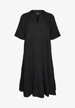 Schwarzes, kurzärmeliges Stufenkleid mit V-förmigem Ausschnitt, lockerer Passform und leichtem, strukturiertem Stoff.