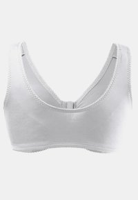 Weißer Baumwoll-Bralette mit V-Ausschnitt-Design, glatter Textur und ohne Bügel. Verfügt über einen einfachen Rückenverschluss und flachen elastischen Saum.