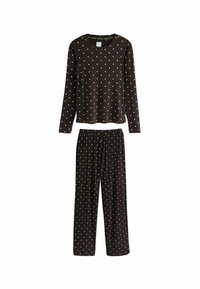 Set de pijamale ribbed maron cu mânecă lungă și pantaloni, ambele cu buline albe. Material moale, croi relaxat, talie elastică.