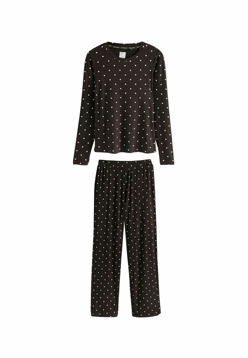 Set de pijamale ribbed maron cu mânecă lungă și pantaloni, ambele cu buline albe. Material moale, croi relaxat, talie elastică.