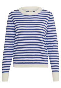 Sweter w paski wykonany z miękkiej tkaniny, z poziomymi niebiesko-białymi paskami, okrągłym dekoltem oraz ściągaczami na mankietach i u dołu.