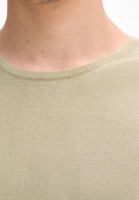 Maglietta verde oliva con scollo rotondo, realizzata in morbido tessuto a maglia, che presenta una texture fine e cuciture leggere.