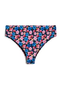 Cvečni bikini spodnji del z rožnatimi, modrimi in rdečimi cvetovi na temno modri podlagi. Narejen iz raztegljivega materiala z gladko teksturo in elastičnim pasom.