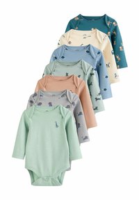Ensemble de sept bodysuits à manches longues dans différentes couleurs, ornés de motifs d'animaux et d'éléments ; fabriqué en coton doux avec des fermetures à pression.