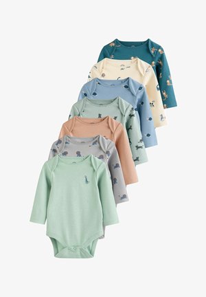 Conjunto de siete bodies de manga larga en varios colores, con estampados de animales y elementos; fabricados en suave algodón con cierres a presión.