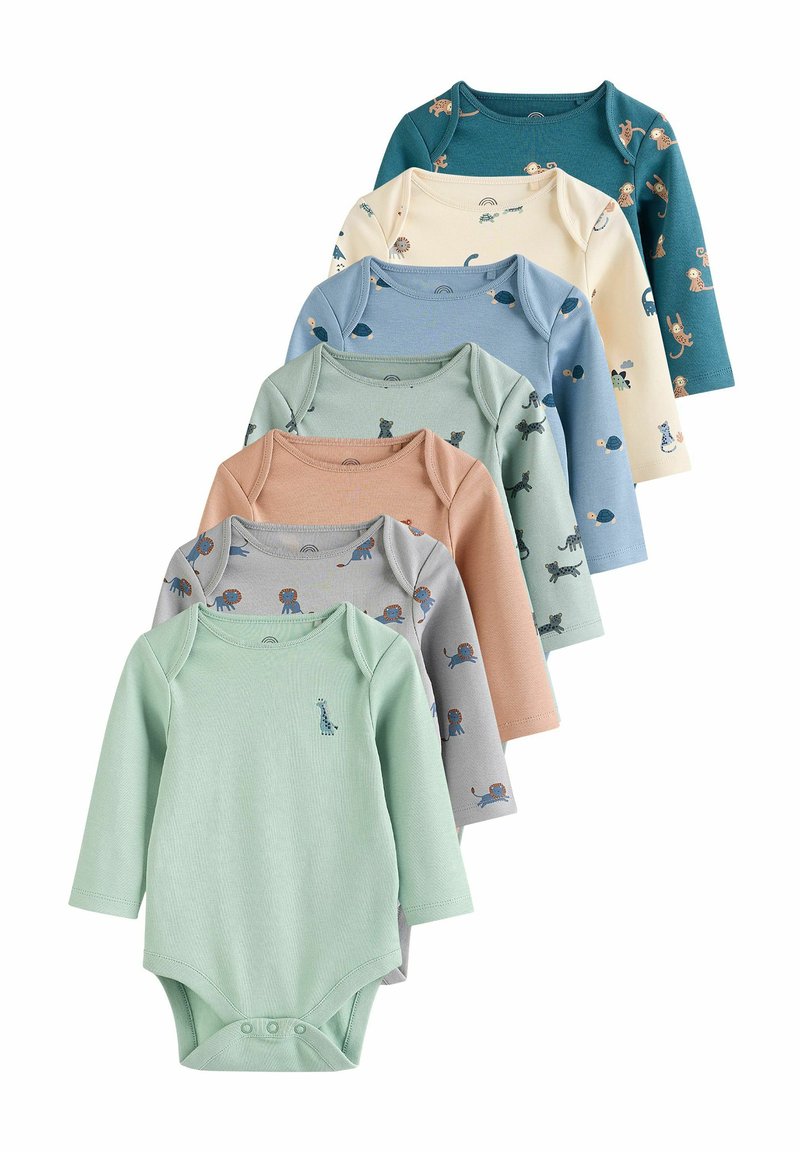 Ensemble de sept bodysuits à manches longues dans différentes couleurs, ornés de motifs d'animaux et d'éléments ; fabriqué en coton doux avec des fermetures à pression.