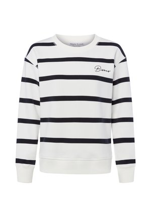 Weißer Pullover mit marineblauen horizontalen Streifen, gerippten Bündchen und Rundhalsausschnitt. Mit dem aufgestickten "Bisous"-Logo auf der Brust.