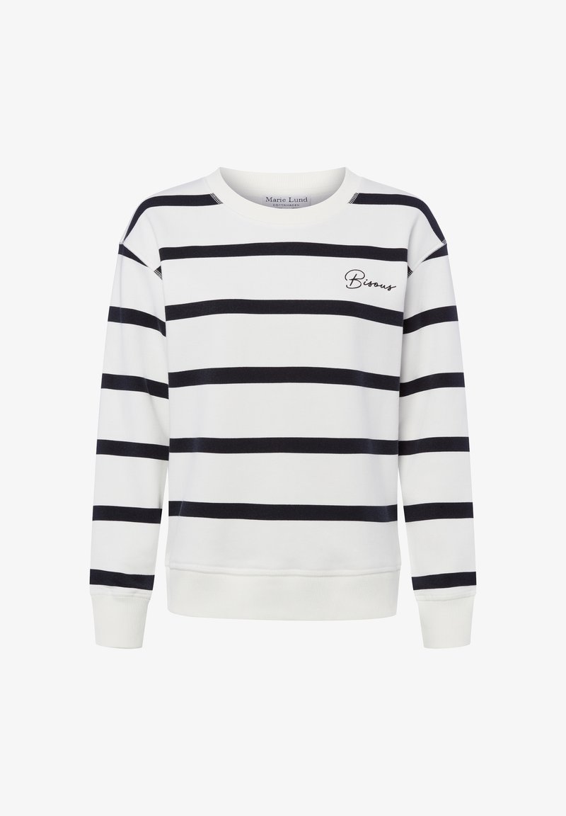 Weißer Pullover mit marineblauen horizontalen Streifen, gerippten Bündchen und Rundhalsausschnitt. Mit dem aufgestickten "Bisous"-Logo auf der Brust.