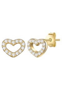 Orecchini a forma di cuore in oro con un pavé di cristalli trasparenti lungo il contorno. Chiusura sicura e superficie liscia.