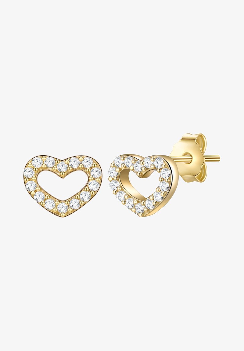 Orecchini a forma di cuore in oro con un pavé di cristalli trasparenti lungo il contorno. Chiusura sicura e superficie liscia.