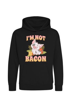 Czarna bluza z kapturem z rysunkową świnką otoczoną kwiatami i liśćmi oraz tekstem "I'M NOT BACON" dużymi różowymi i żółtymi literami.
