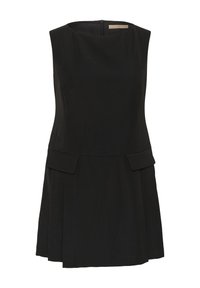 Ärmelloses schwarzes Kleid mit tailliertem Oberteil, rundem Ausschnitt, vorderen Pattentaschen und einem Reißverschluss hinten.