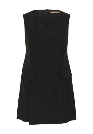 Ärmelloses schwarzes Kleid mit tailliertem Oberteil, rundem Ausschnitt, vorderen Pattentaschen und einem Reißverschluss hinten.