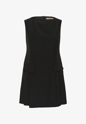 Ärmelloses schwarzes Kleid mit tailliertem Oberteil, rundem Ausschnitt, vorderen Pattentaschen und einem Reißverschluss hinten.