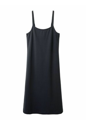 Black sleeveless knee-length dress with thin shoulder straps and a straight, simple design on white background.