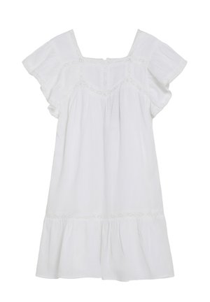 Vestido blanco de manga corta con escote cuadrado, delicado ribete de encaje y dobladillo con volantes, hecho de tela ligera.