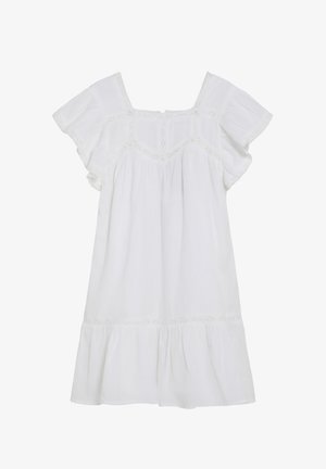 Robe blanche à manches courtes avec encolure carrée, bordure en dentelle délicate et ourlet à volants, fabriquée en tissu léger.