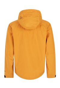 Feloranje waterdichte jas met capuchon, lange mouwen en verstelbare manchetten, gezien vanaf de achterkant.