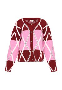 Kardigan v červené a růžové barvě s geometrickým vzorem. Vyroben z měkkého materiálu, obsahuje bílé detaily a ozdobné knoflíky.