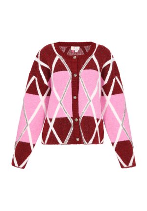 Piros és rózsaszín mintás kardigán, geometrikus dizájnnal. Puha anyagból készült, fehér részletekkel és díszgombokkal.
