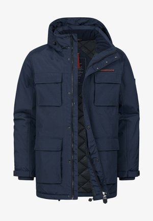 Marineblå isoleret parka med hætte, store lommer foran med klap, lynlås og trykknapper samt quiltet sort inderfor.