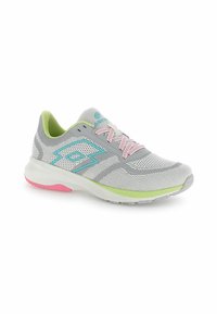 Lightweight running shoe in gray mesh with turquoise and pink accents. Features a cushioned sole, breathable design, and intricate texture patterns.