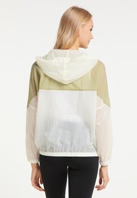Letvægts farveblokeret jakke i lys grøn og hvid med hætte, elastisk kant og gennemsigtig struktur. Løs pasform med lange ærmer.