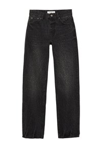 Črne denim hlače z diskretnim vzorcem leoparda, ravno krojeno, s petimi žepi in gumbom za zapiranje na pasu.