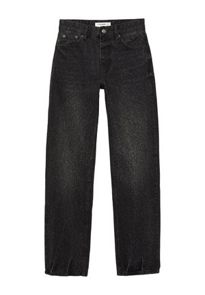 Schwarze Denim-Jeans mit einem dezenten Leopardenmuster, geradem Bein, fünf Taschen und Knopfverschluss an der Taille.