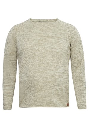 Dugi rukav, pulover s okruglim izrezom od svijetlog bež melange pletenja, s teksturiranim uzorkom i malom kožnom oznakom pri donjem rubu.