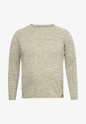 Long-sleeve, crew-neck sweater in a light beige melange knit, featuring a textured pattern and a small leather logo patch at the hem.