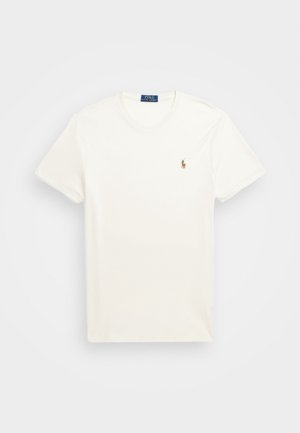 White cotton t-shirt with short sleeves and a round neck; features a small embroidered polo logo on the left chest. Soft, smooth texture.