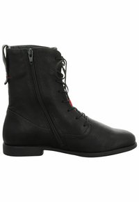 Bottines en cuir noir à bout rond, avec un laçage à l'avant et une fermeture éclair sur le côté. Texture lisse, semelle plate et accents minimalistes.